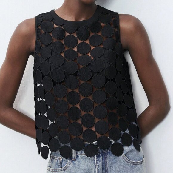 Black Casual Womens Round Polka Dot Breathable Tank Top - Picture 3 of 5